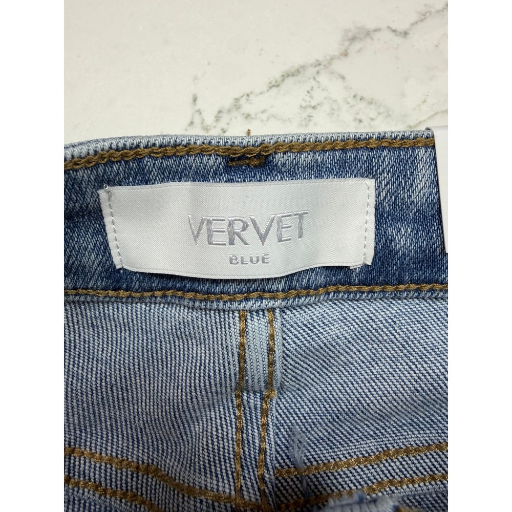 Vervet Blue Bella High-Rise Flare Jeans Light Wash Raw Hem Front Patch Pocket 28 - Picture 3 of 6